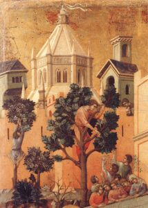 Title: Zacchaeus, detail from Entry into Jerusalem; Date: 1308-1311; Artist: Duccio di Buoninsegna (?-1319?); Scripture: Luke 19:1-10