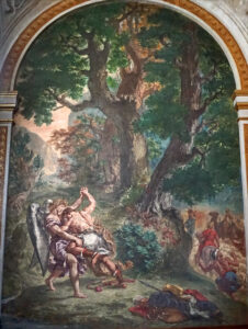 Title: Jacob Wrestling with the Angel; Artist: Eugène Delacroix, 1798-1863; Date: 1856-1861; Photographer is Jean-Pierre Dalbéra; Scripture: Genesis 32:22-31
