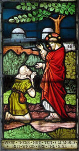 Title: Christ with the Grateful Samaritan Leper; Date: 20th century; Building: St. Andrew's Church; Object/Function: Stained glass