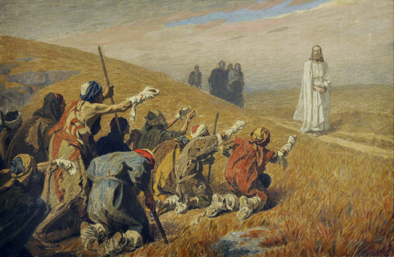 Title: Ten Lepers Call Out to Jesus; Artist: Gebhard Fugel, 1863-1939; Object/Function: Painting; Scripture: Luke 17:11-19