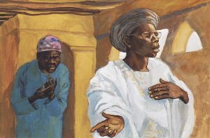 Title: The Pharisee and the Publican; Date: 1973; Artist: JESUS MAFA; Object/Function: Painting; Country: Cameroon; Scripture: Luke 18:9-14