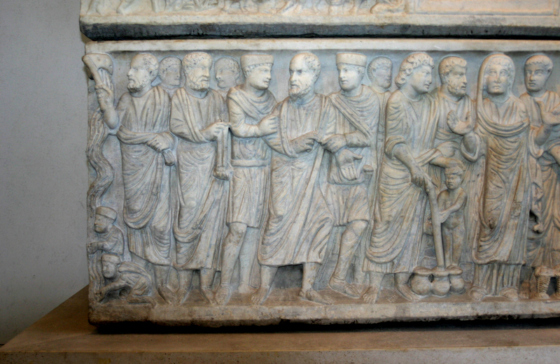 Title: Sarcophagus of Marcus Claudianus-Peter Striking the Rock and his Arrest; Date: 350; Sarcophagus; Scripture: Luke 21:5-19