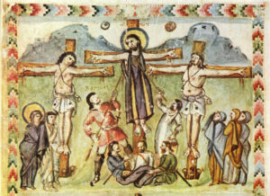 Title: Crucifixion from Rabula Gospel; Date: 586; Scripture: Luke 23:33-43