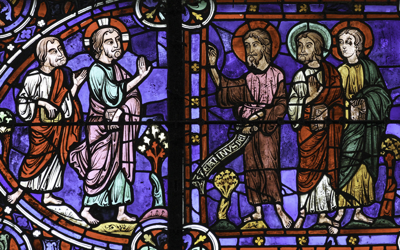 Title: John and disciples acknowledge Jesus as the Lamb of God; Date: ca. 1205-1235; Object/Function: Stained glass; Scripture: John 1:29-42 & Mark 8:27-38