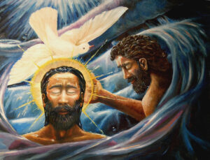 Title: Baptism of Christ; Date: 2005; Artist: Dave Zelenka; Scripture: Mark 1:4-11; Matthew 3:13-17; Luke 3:15-17, 21-22