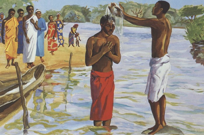 Title: John baptizes Jesus; Date: 1973; Artist: JESUS MAFA; Country: Cameroon; Scripture: Matthew 3:13-17