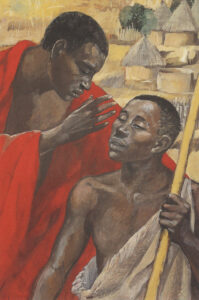 Title: Jesus cures the man born blind; Artist: Jesus Mafa; Date: 1973; Scripture: Matthew 11:2-11; Country: Cameroon