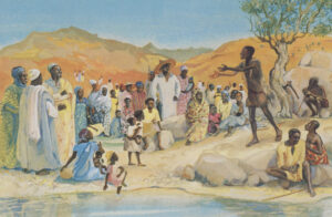 John the Baptist preaching in the desert -- Artist: JESUS MAFA; Date: 1973; Country: Cameroon; Scripture: Matthew 3:1-12