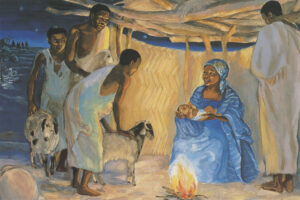 Title: The birth of Jesus with shepherds; Artist: JESUS MAFA; Date: 1973; Object/Function: Painting; Country: Cameroon; Scripture: Luke 2:(1-7), 8-20 & Luke 2:1-14, (15-20)