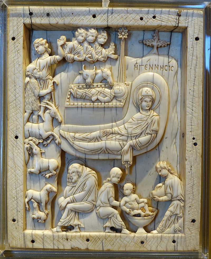 Title: Ivory Carving of the Nativity; Scripture: Luke 2:15-21;Date: 10th-11th centuries; Building: Vatican Museums;