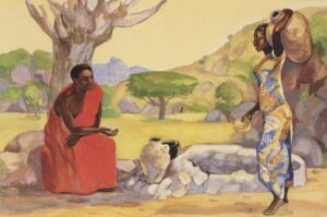 Title: Jesus and the Samaritan Woman; Artist: JESUS MAFA; Date: 1973; Country: Cameroon; Scripture: John 4:5-42