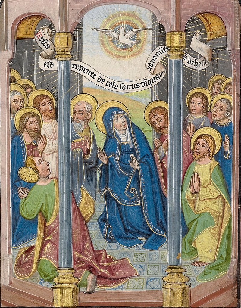 Title: Pentecost; Artist: Guillaume Vrelant (c. 1481); Scripture: Acts 2:1-21