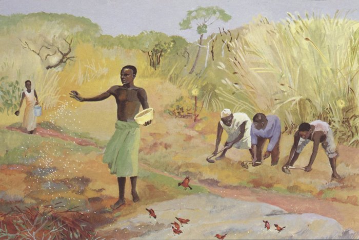 Title: The parable of the sower; Date: 1973; Artist: JESUS MAFA; Country: Cameroon; Scripture: Luke 8:4-15 & Matthew 13:1-9, 18-23