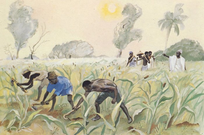 Title: The Late-arriving Workers; Date: 1973; Artist: JESUS MAFA; Country: Cameroon; Scripture: Matthew 20:1-16;