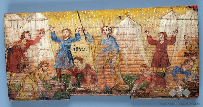 Title: Moses and the Israelites; Artist: Leopold Layer workshop; Building: Slovenian Ethnographic Museum; Object/Function: Painting, panel; City/Town: Ljubljana; Country: Slovenia; Scripture: Exodus 16:2-15.