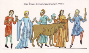Title: The Dance of the Golden Calf from the Hortus Deliciarum; Artist: Herrad of Landsberg, Abbess of Hohenburg, (approx. 1130-1195); Scripture: Exodus 32:1-14