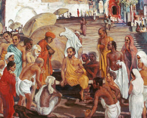 Title: Jesus in Benares; Date: late 20th century; Artist: Frank Wesley (1923-2002); Object/Function: Painting; Scripture: Matthew 21:23-32