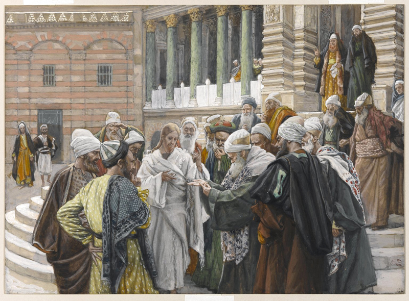 Title: The Tribute Money; Artist: James Tissot (1836-1902); Scripture: Matthew 22:15-22