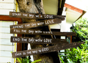 Title: Wooden Love Sign; Date: ca. 2000; Scripture: Matthew 22:34-46, John 15:9-17