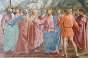 Title: Tribute Money; Artist: Masaccio, 1401-1428; Scripture: Matthew 22:15-22, Matthew 17:22-27