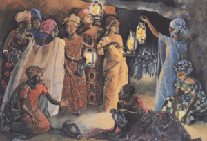 Title: The Ten Young Women; Artist: JESUS MAFA; Country: Cameroon; Scripture: Matthew 25:1-13