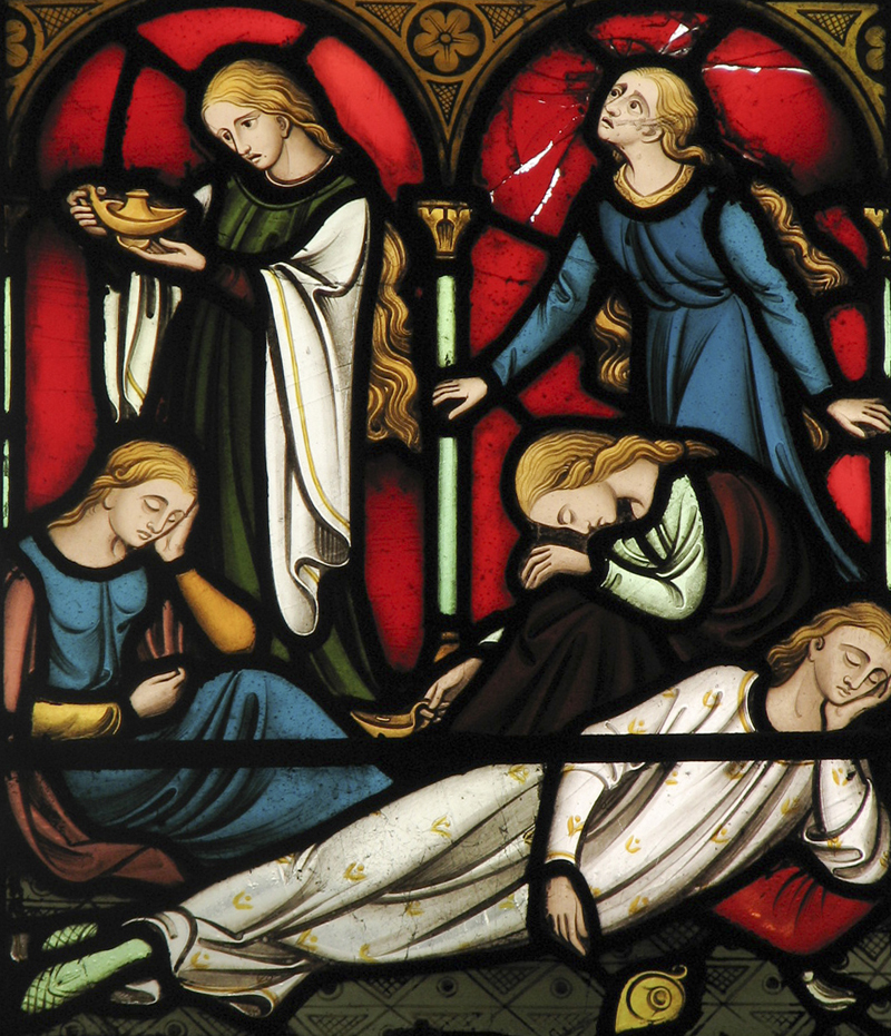 Title: Bridesmaids Sleeping; Building: St. Giles' Church; Object/Function: Stained glass; Scripture: Matthew 25:1-13