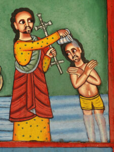 Title: John Baptizing Jesus; Scripture: Mark 1:4-11, Luke 3:15-17, 21-22, Mark 1:1-8, Luke 3:7-18