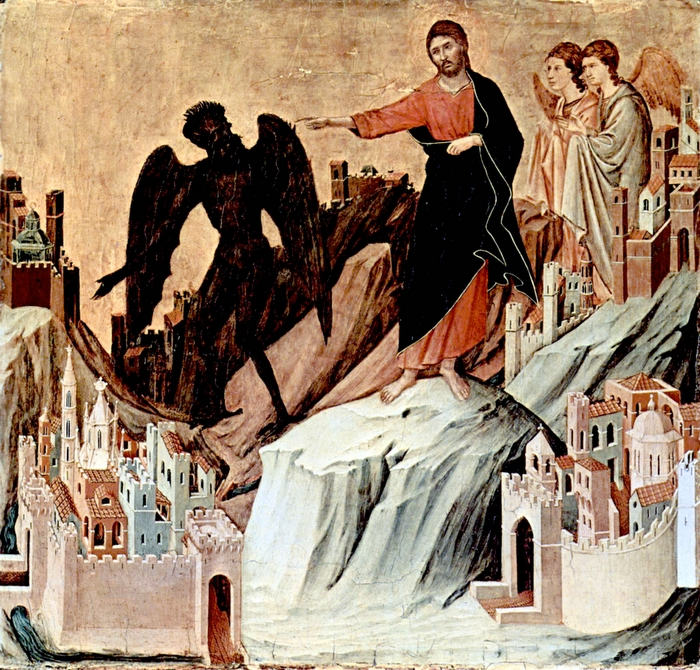 Title: Temptation of Christ on the Mount; Date: 1308-1311; Artist: Buoninsegna di Duccio (?-1319?); Building: Frick Collection Object/Function: Altarpiece; City/Town: New York; State: NY; Country: United States. Scripture: Matthew 4:1-11, Luke 4:1-13, Mark 1:9-15.