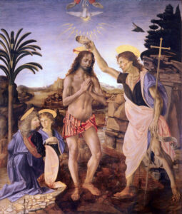 Title: Baptism of Christ; Artist: Andrea del Verrocchio (1435?-1488) & Leonardo da Vinci (1452-1519); Scripture: Luke 3:15-17, 21-22; Matthew 3:13-17; Mark 1:4-11