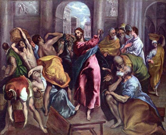 Title: Christ Expelling the Money Changers in the Temple; Date: 1600; Artist: Greco (1541?-1614); Building: National Gallery (Great Britain); City/Town: London; Country: United Kingdom; Scripture: Matthew 21:12-16; Mark 11:15-17; Luke 19:45-46; John 2:13-22; 1 Kings 8:(1, 6, 10-11), 22-30, 41-43