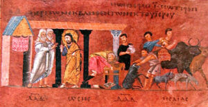 Title: Cleansing of the Temple; Date: 6th century; Building: Cathedral of Rossano; Object/Function: Manuscript illumination; Scripture: John 2:13-22