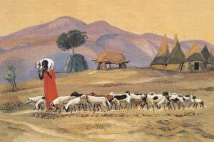 Title: The good shepherd; Date: 1973; Artist: JESUS MAFA; Country: Cameroon; Scripture: John 10:11-18, Luke 15:1-10