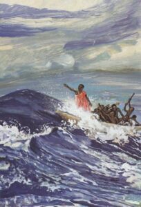 Title: Jesus lulls the storm; Date: 1973; Artist: JESUS MAFA; Country: Cameroon; Scripture: Mark 4:35-41