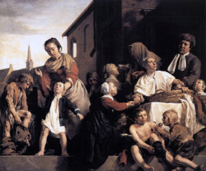 Title: Caring for Children at the Orphanage in Haarlem: three Acts of Mercy; Artist: Jan de Bray (approx. 1627-1607); Scripture: Mark 3:20-35