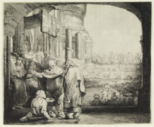 Title: Peter and John Healing the Cripple at the Gate of the Temple; Artist: Harmenszoon van Rijn Rembrandt (1606-1669). Scripture: Proverbs 22:1-2, 8-9, 22-23.