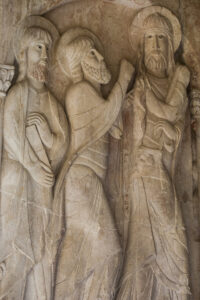 Title: Christ and the Disciples Walking to Emmaus; Date: 12th century; Scripture: Luke 24:13-35, Mark 8:27-38.