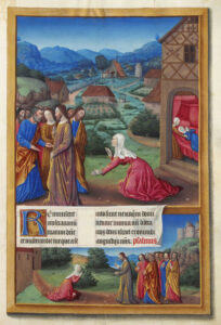 Title: The Canaanite Woman asks for healing for her daughter; Artist: Herman de Limbourg (approx. 1385-1416 approx.)-Jean de Limbourg (approx. 1385-1416 approx.)-Pol de Limbourg (approx. 1385-1416 approx.). Scripture: Matthew 15:(10-20), 21-28, Mark 7:24-28