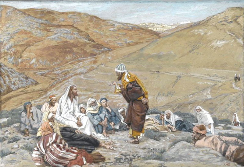 Title: Scribe Stood to Test Jesus; Date: 1886-1894; Artist: James Tissot (1836-1902); Scripture: Mark 12:28-34; Luke 6:20-31; Mark 7:1-8, 14-15, 21-23