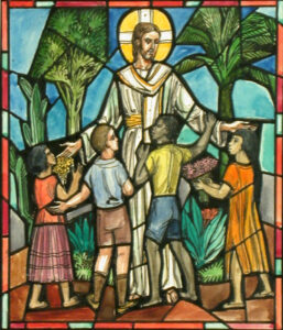 Title: Jesus Welcomes the Children; Date: 20th century; Artist: J. & R. Lamb Studios. Notes: Design for windows. Scripture: Mark 10:2-16