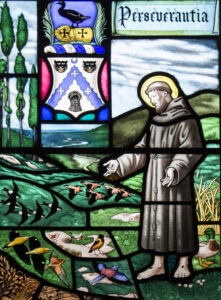 Title: St Francis with Bird; Date: 1988; Artist: Francis W. Skeat (1909-2000). Scripture: Matthew 6:25-33