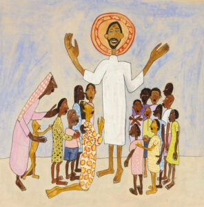 Title: Come Unto Me, Little Children; Artist: William H. Johnson (1901-1970); Scripture: Matthew 28:1-10; Luke 22:14-23:56; John 3:13-17; Mark 10:2-16