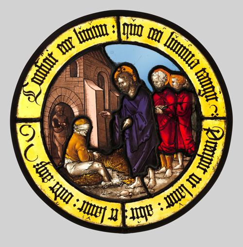 Title: Roundel with Christ Healing the Blind Man; Date: 1517-1527. Scripture: Mark 10:46-52