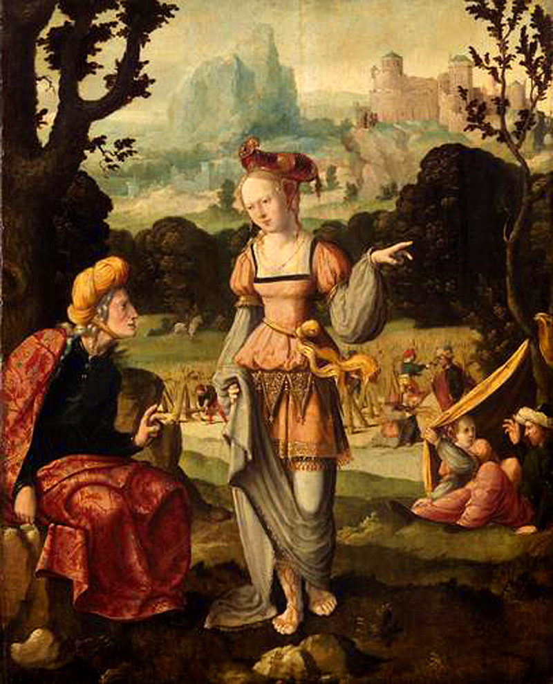 Title: Ruth and Naomi in Boaz' fields; Artist: Martin van Heemskerk, (1498-1574). Scripture: Ruth 3:1-5; 4:13-17