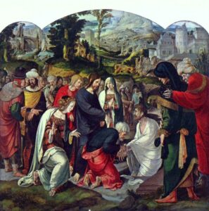 Title: Raising of Lazarus; Artist: Aertgen Van Leyden. Scripture: John 11:1-45, John 11:32-44