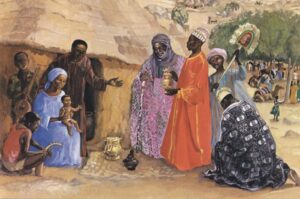 Title: Visit of the Three Wise Men; Date: 1973; Artist: JESUS MAFA; Country: Cameroon; Scripture: Matthew 2:1-12.