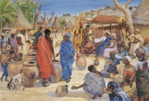 Title: The Wedding at Cana; Date: 1973; Artist: JESUS MAFA; Country: Cameroon; Scripture: John 2:1-11