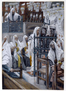 Title: Jesus Unrolls the Book in the Synagogue; Date: 1886-1894; Artist: James Tissot (1836-1902); Scripture: Luke 4:14-21; Luke 4:21-30