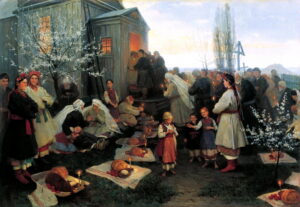 Title: Waiting for the Blessing; Date: 1891; Artist: Mykola Pymonenko; Building: Rybinsk State Historical-Architectural and Artistic Preserve Museum; Object/Function: Painting; City/Town: Rybinsk. Country: Russia. Scripture: 2 Thessalonians 1:1-4, 11-12; Ephesians 1:3-14; Luke 14:1, 7-14.