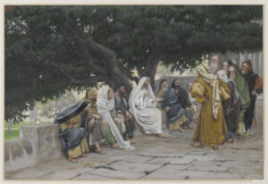 Title: The Pharisees and the Sadducees Come to Tempt Jesus; Date: ca. 1886-1894; Artist: James Tissot (1836-1902); Scripture: Luke 20:27-38