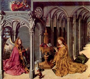 Title: Annunciation, center panel of altarpiece with Isaiah and Jeremiah. Date: 1443-1444; Artist: Barthélemy d'Eyck (d. ca. 1476); Scripture: Luke 1:26-38